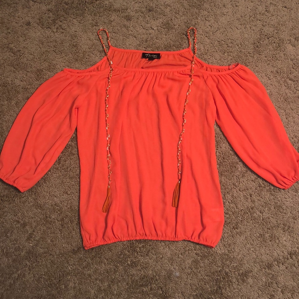 Coral Blouse, gold straps and string